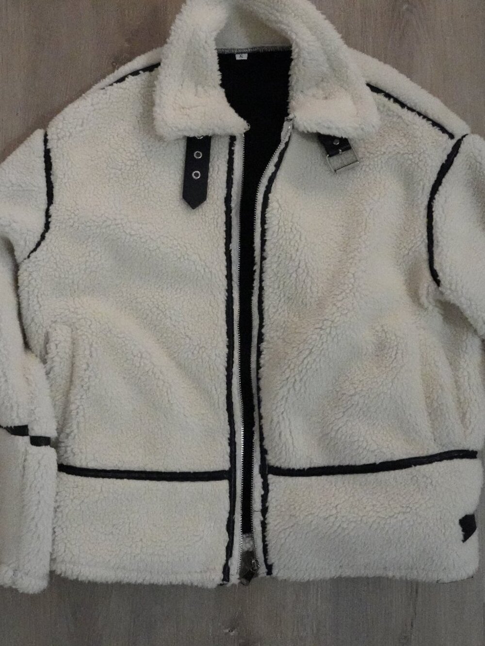 Cream Sherpa Teddy Aviator Jacket Black Faux Leather Trim Buckle Collar Size S